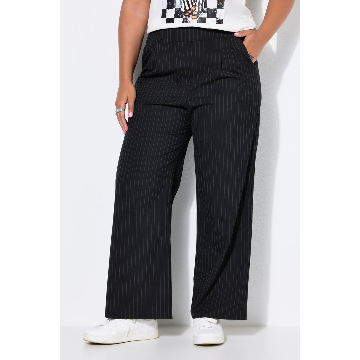 Pantalon à fines rayures, coupe large noir, STUDIO UNTOLD