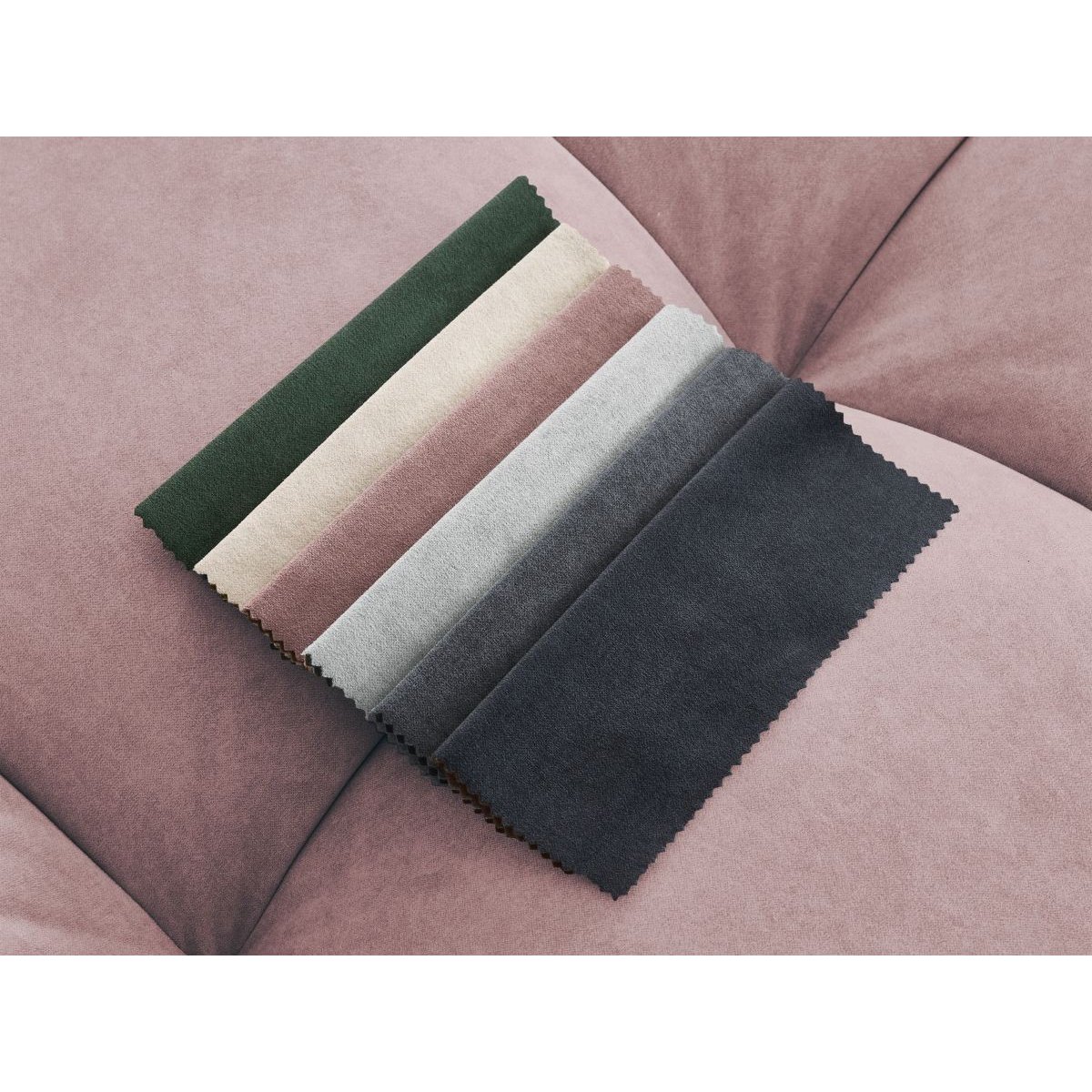 Canapé d'angle fixe 4 places en velours avec pouf, MONT-BLANC rose, BOBOCHIC