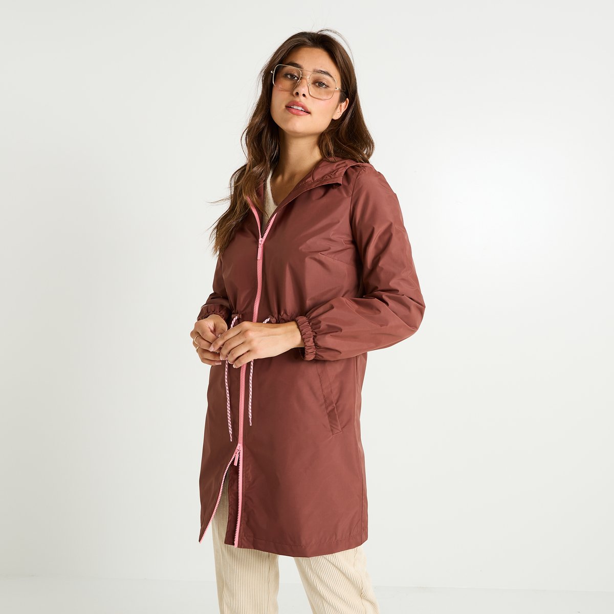 Imperméable long à capuche orange bordeaux, GRAIN DE MALICE