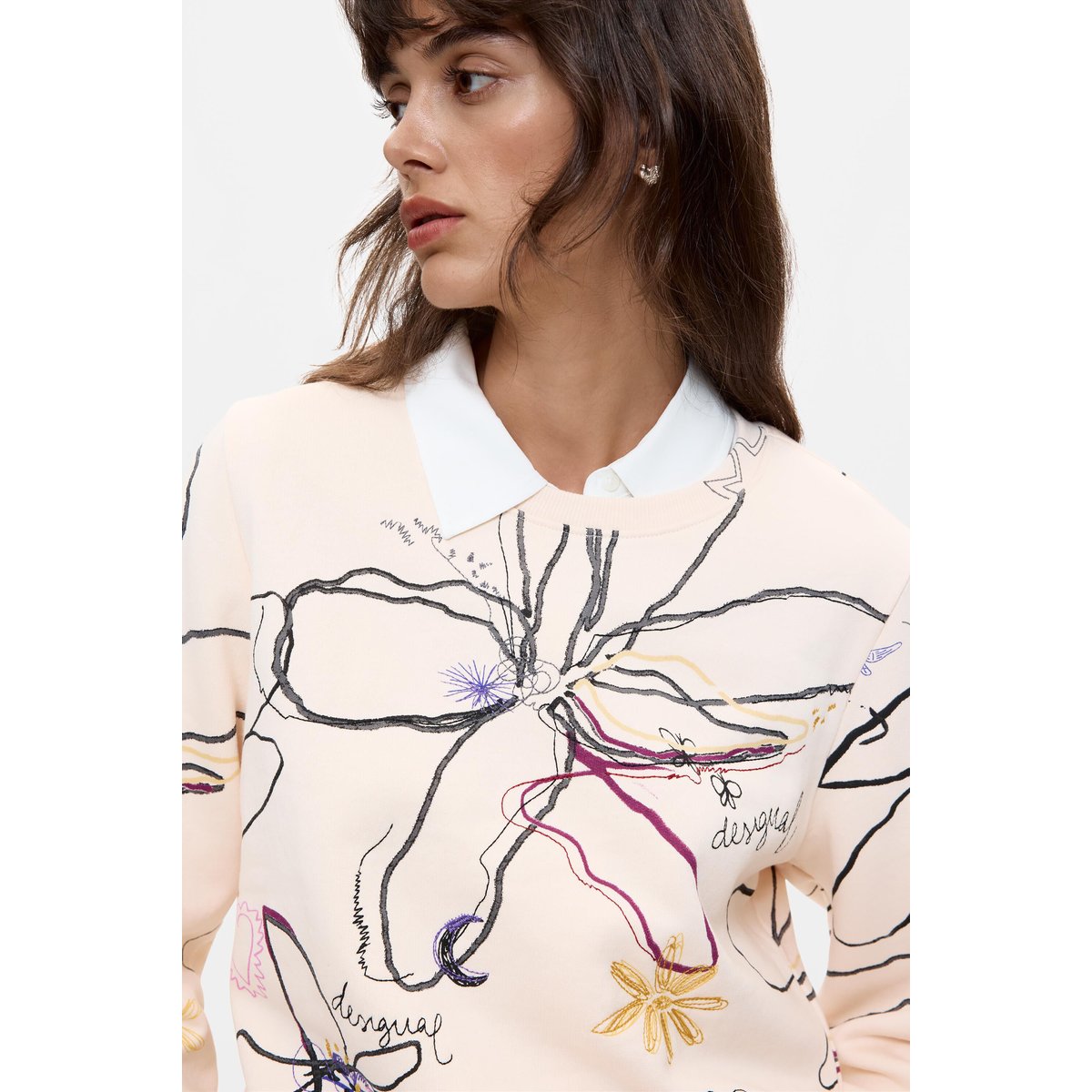 Sweat-shirt à imprimé floral blanc, DESIGUAL