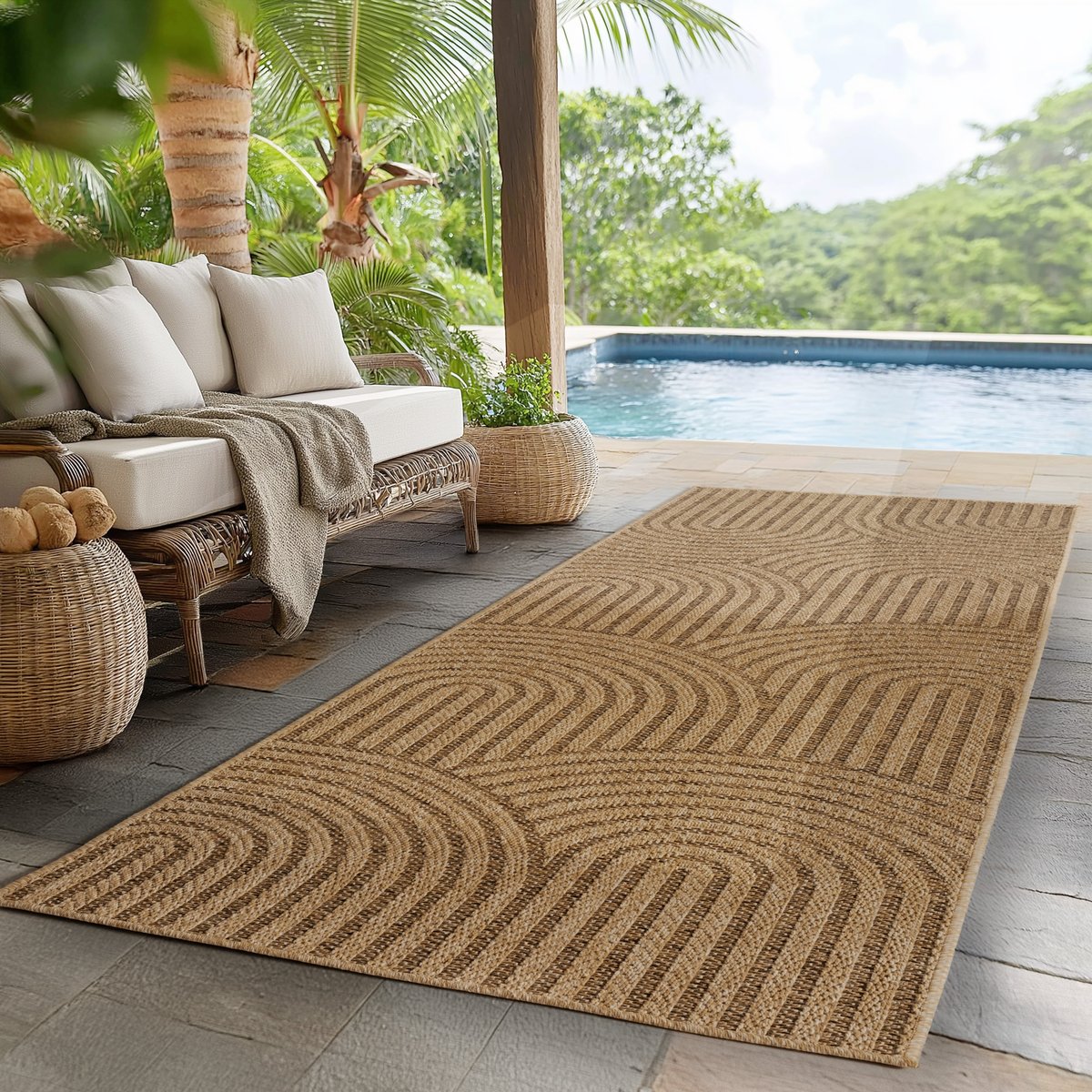 Tapis intérieur extérieur effet jute motif arc LINORA beige, NAZAR RUGS