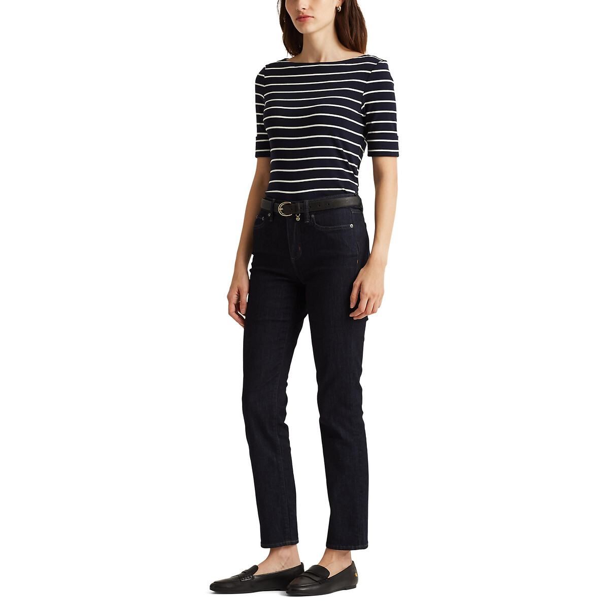 Striped Boat Neck T-Shirt with Short Sleeves navy blue/white, LAUREN RALPH LAUREN