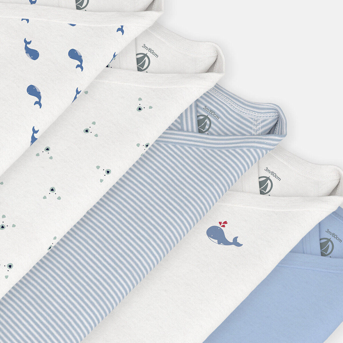 Confezione da 5 body nascita a maniche lunghe blu + bianco, PETIT BATEAU