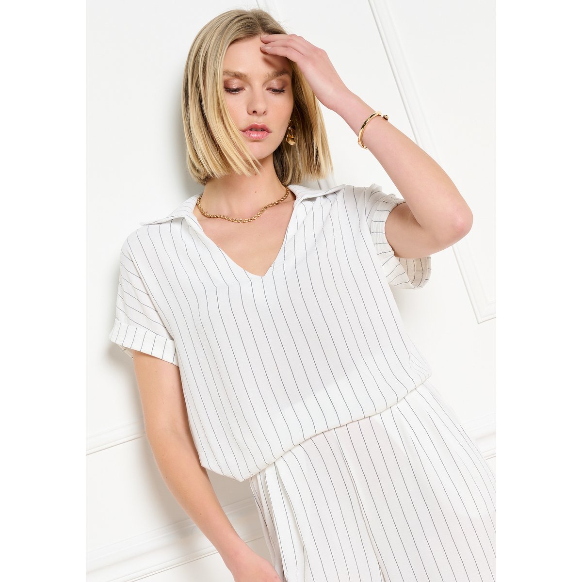 Blouse col ouvert rayée blanc vanille, LOLALIZA