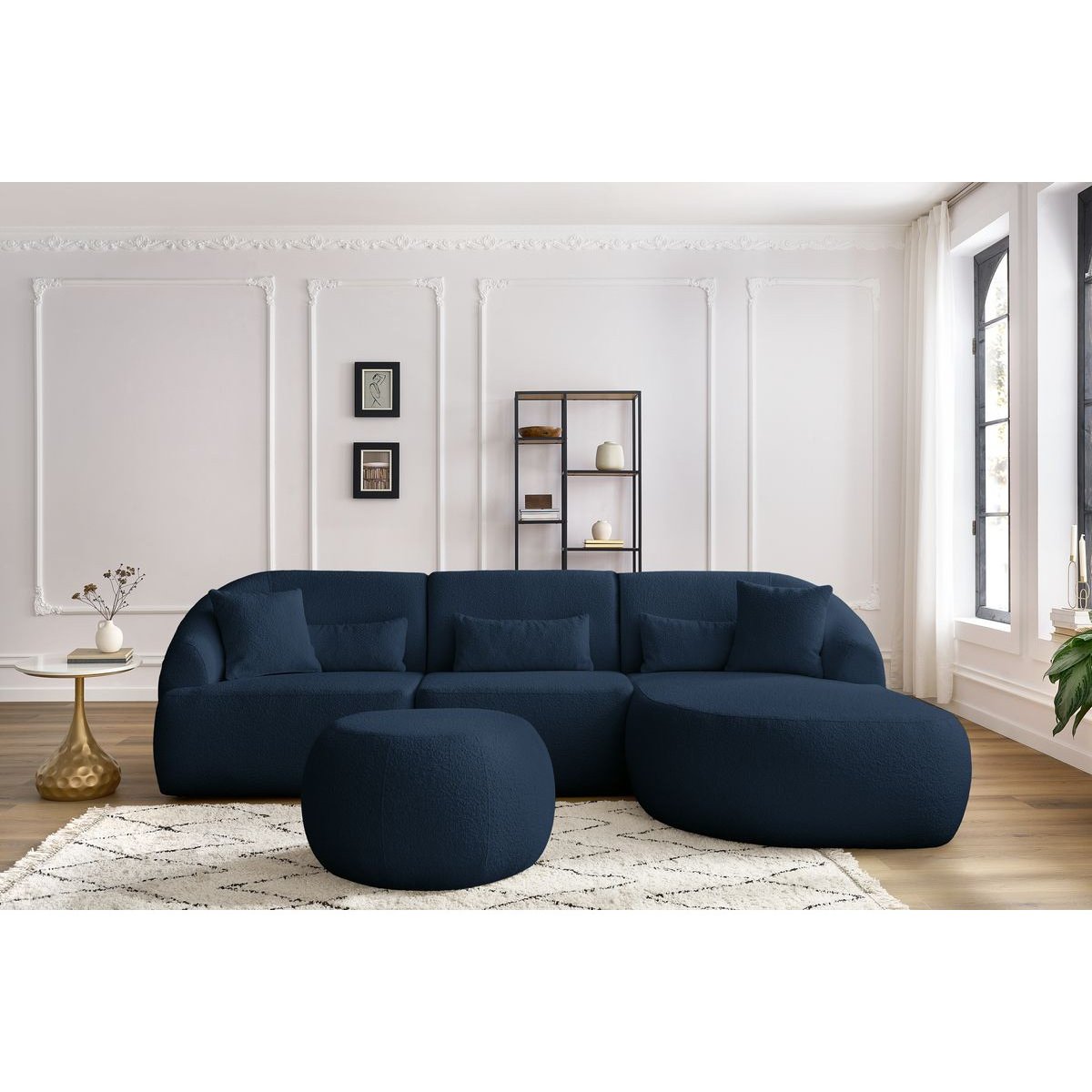 Canapé d'angle fixe 4 places en tissu bouclette avec pouf, ALESIA bleu foncé, BOBOCHIC