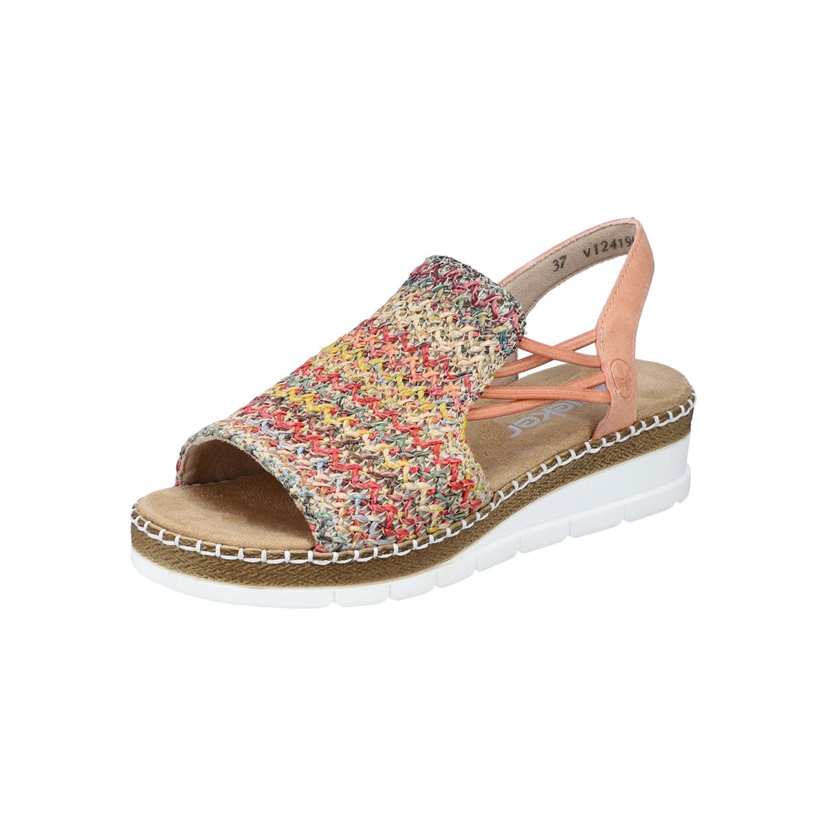 Sandales abricot avec une tige en tressage multicolore et à talon compensé abricot, RIEKER
