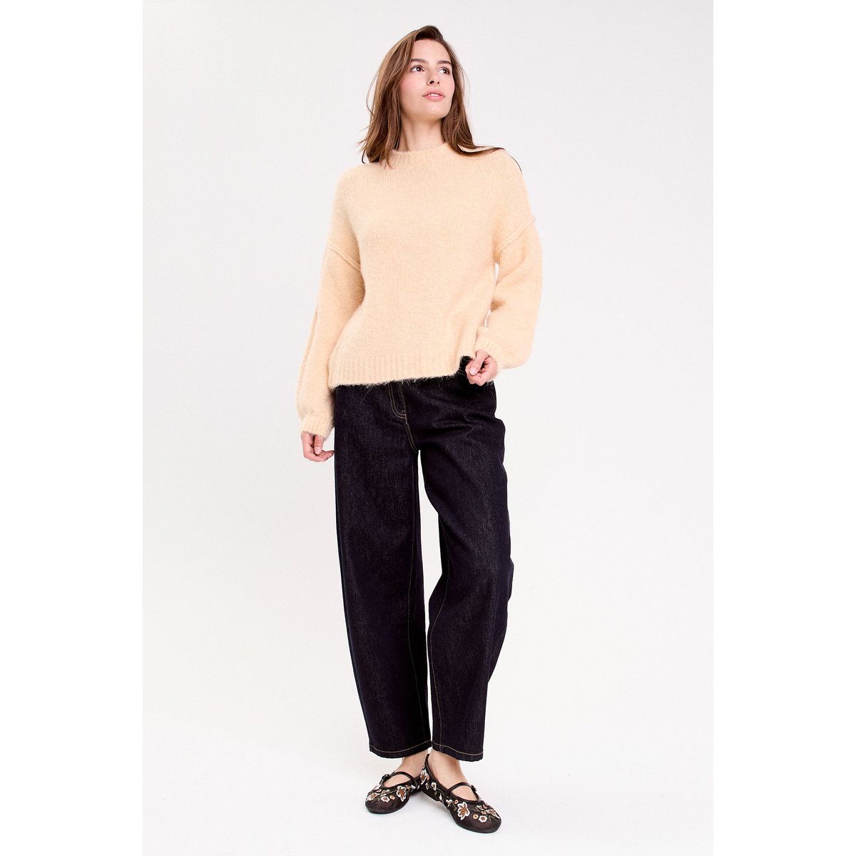 Pull oversize col rond manches longues jaune paille, CACHE CACHE