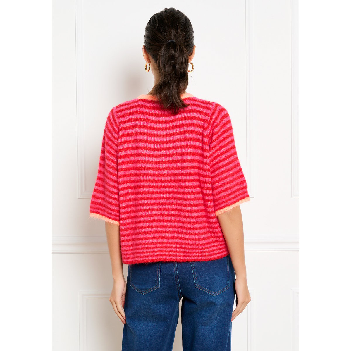 Cardigan rayé à manches courtes rouge, LOLALIZA