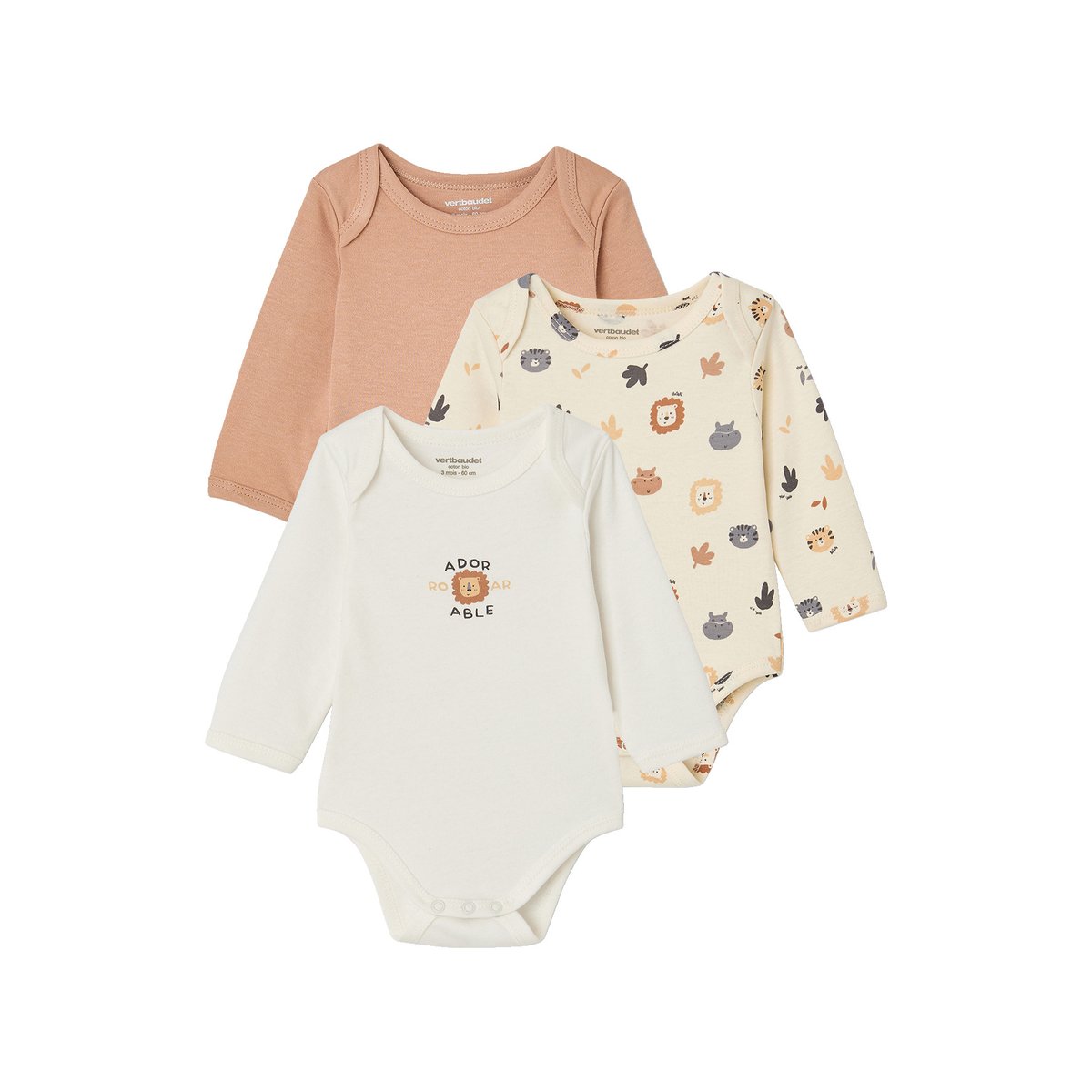 Lot de 3 bodies manches longues noisette, VERTBAUDET