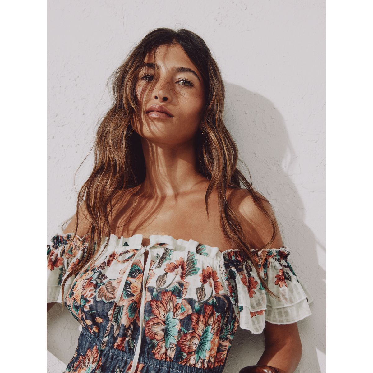 Robe à col carré et manches évasées bleu marine/pêche à motifs floraux, NEXT