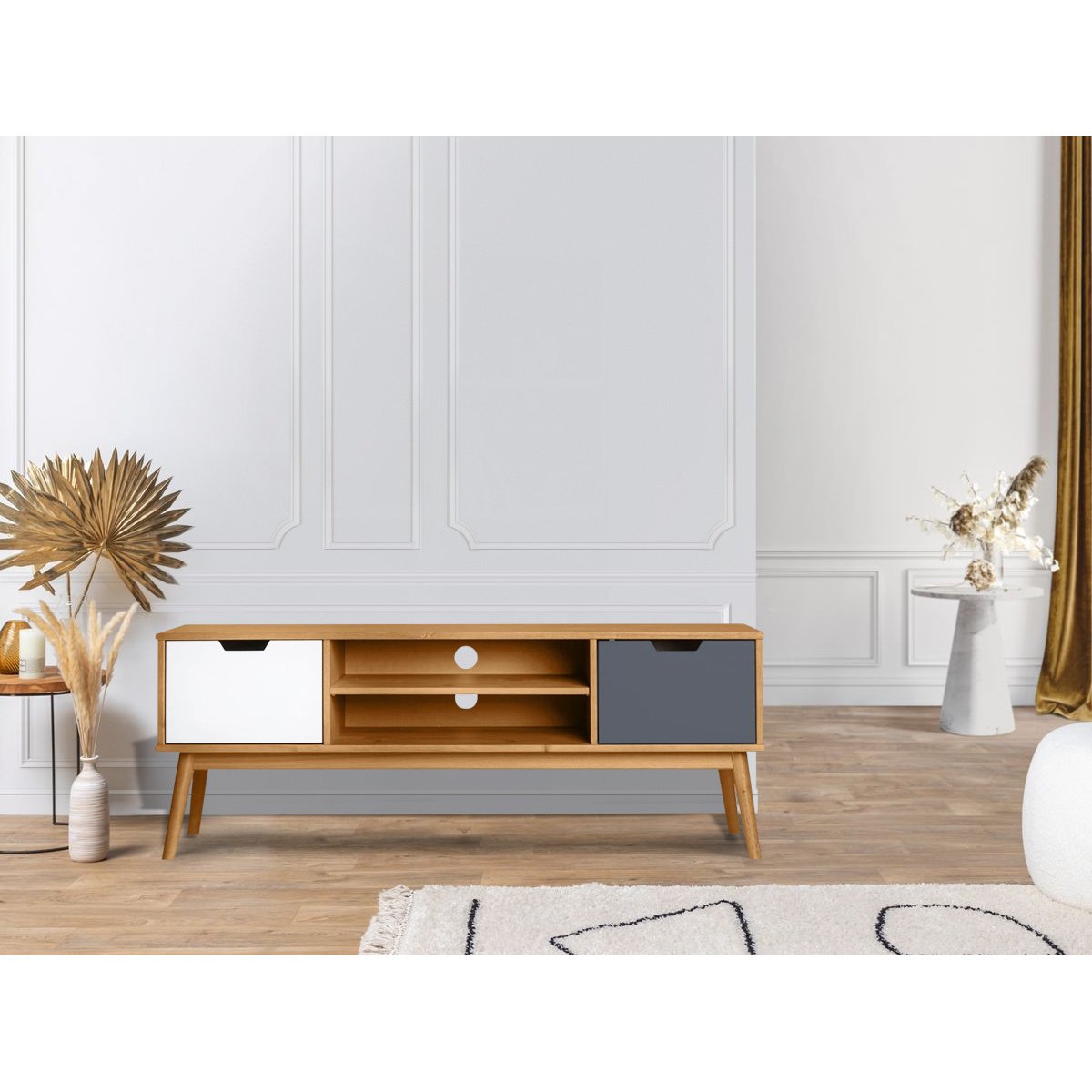 Meuble TV 140 cm bois massif, ALMA marron clair, BOBOCHIC