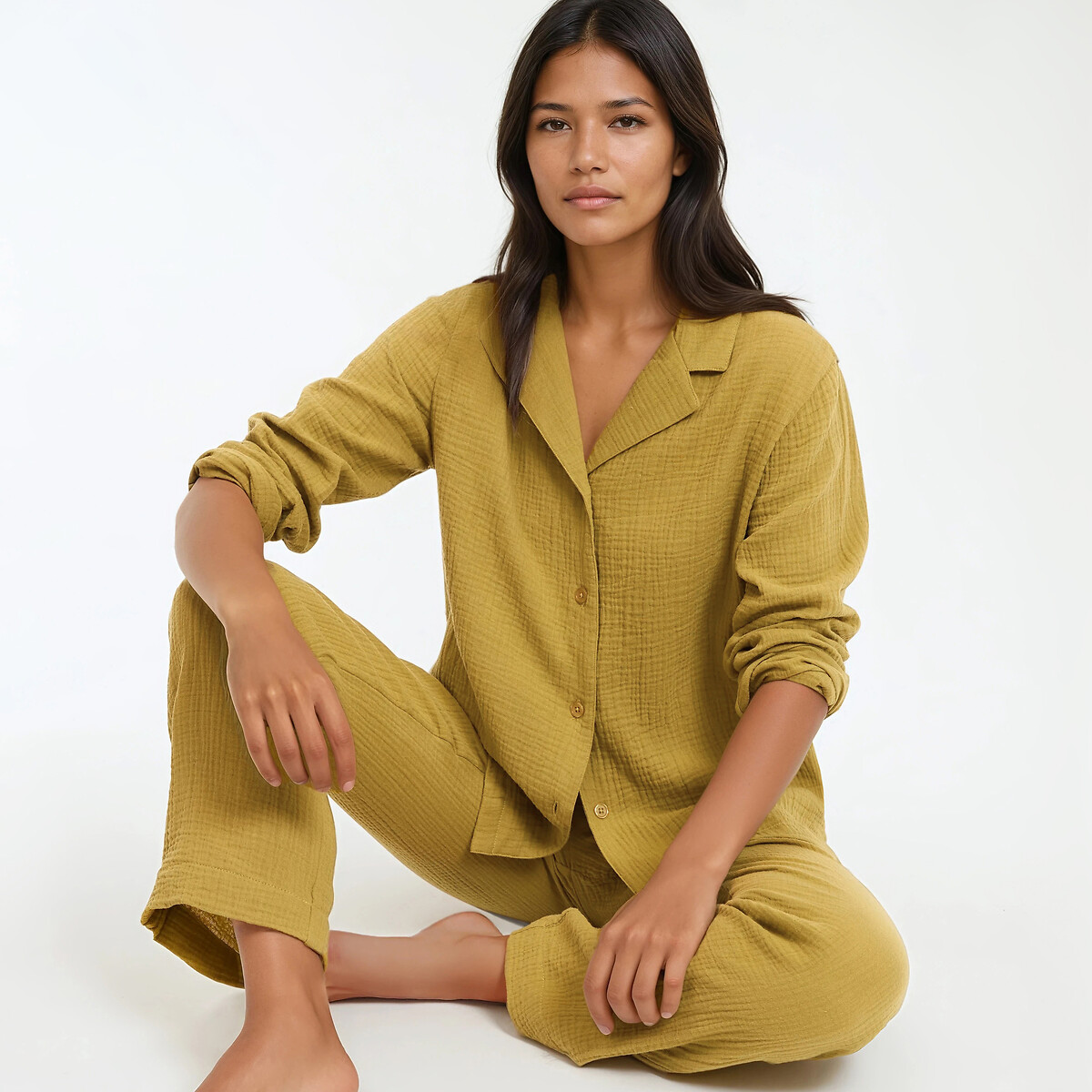 Pyjama en gaze de coton, Signature MARGOT vert olive, LA REDOUTE COLLECTIONS