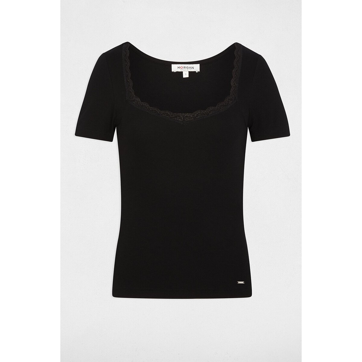 T-shirt a maniche corte con scollo quadrato nero , MORGAN
