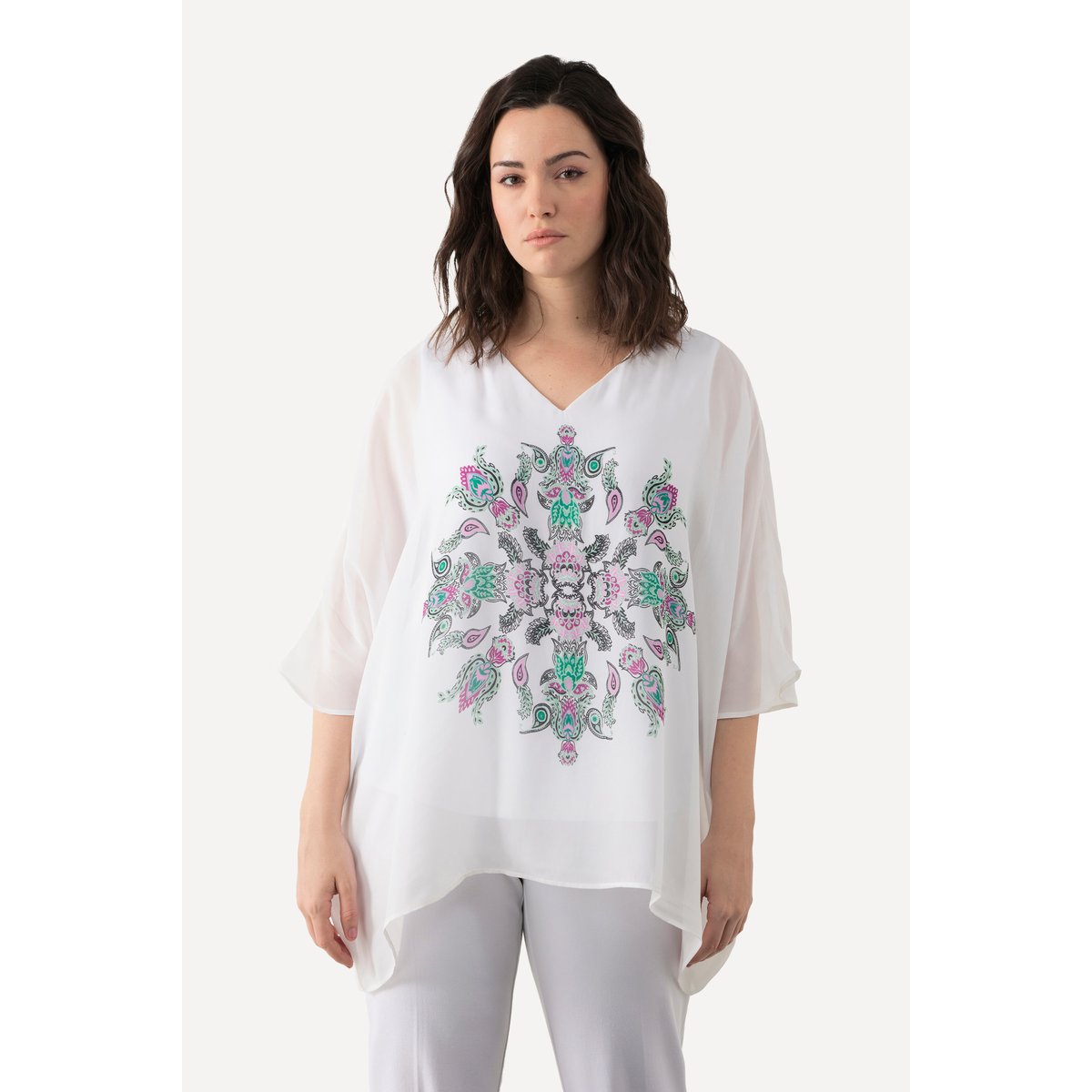 Tunique oversized à col V et manches courtes vert bleu, ULLA POPKEN