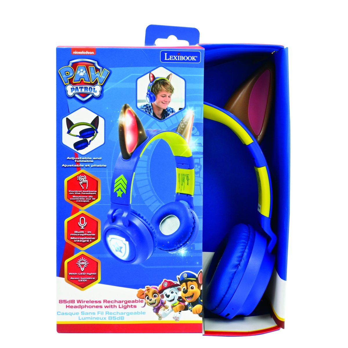 Casque lumineux pliable Bluetooth® et filaire avec un design 3D des oreilles de Chase de La Pat' Patroulle bleu, LEXIBOOK
