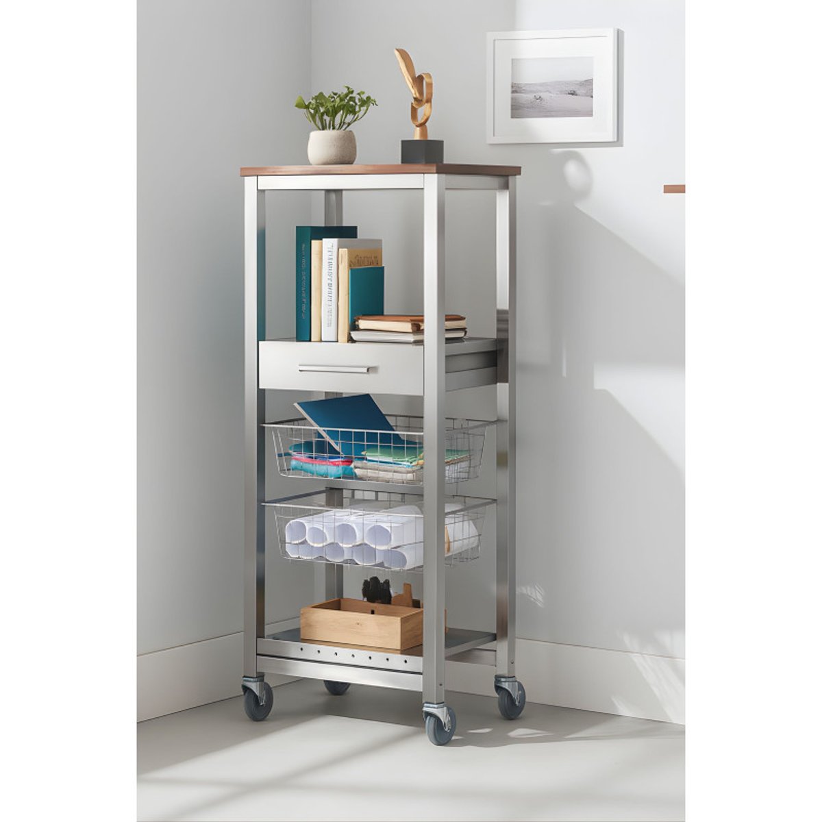Chariot de cuisine haut ONDA ALUMINIUM, Meuble de rangement multifonction avec paniers, tiroir et porte-bouteilles cerisier le gard, DON HIERRO