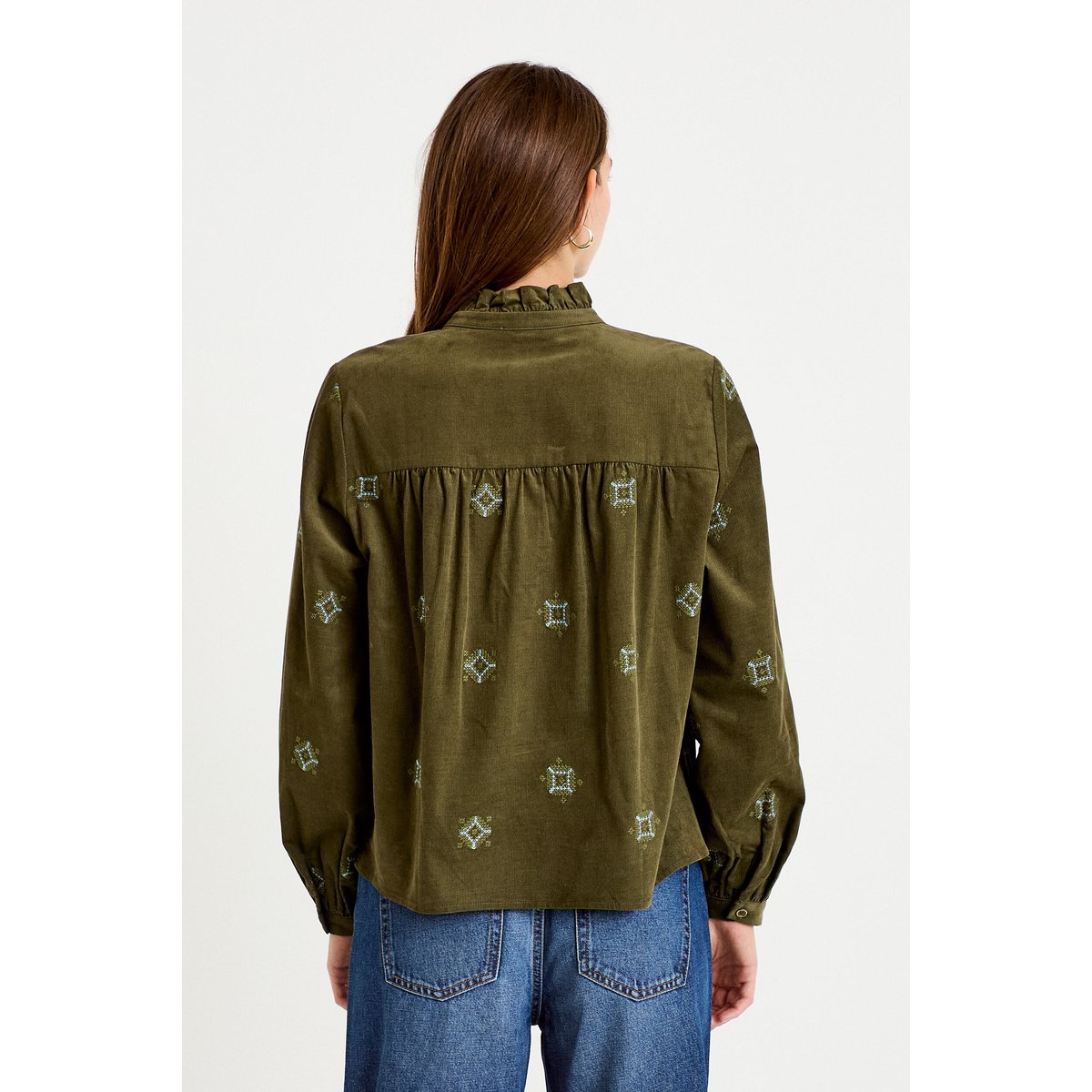Chemise droite velours col montant vert kaki, CACHE CACHE