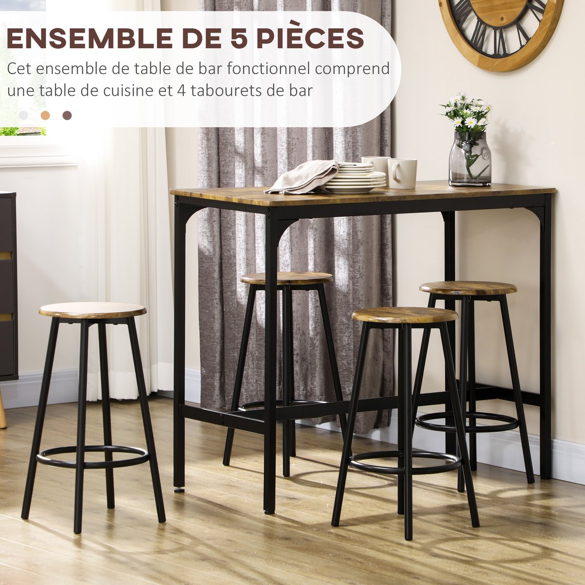 Ensemble de table de bar Métal Marron marron, noir, HOMCOM