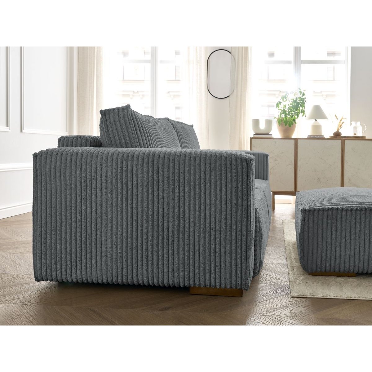 Canapé droit convertible 4 places en gros côtelé doux avec pouf, CHELSEA gris foncé, BOBOCHIC