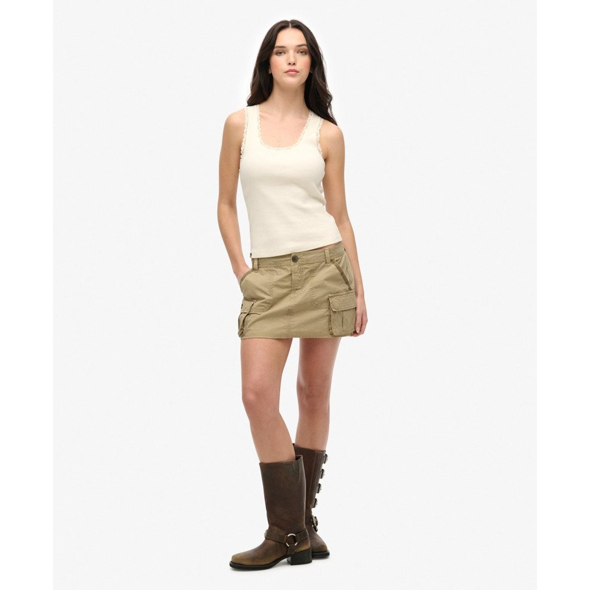 Débardeur à bordure dentelle Vintage blanc cassé os du désert, SUPERDRY
