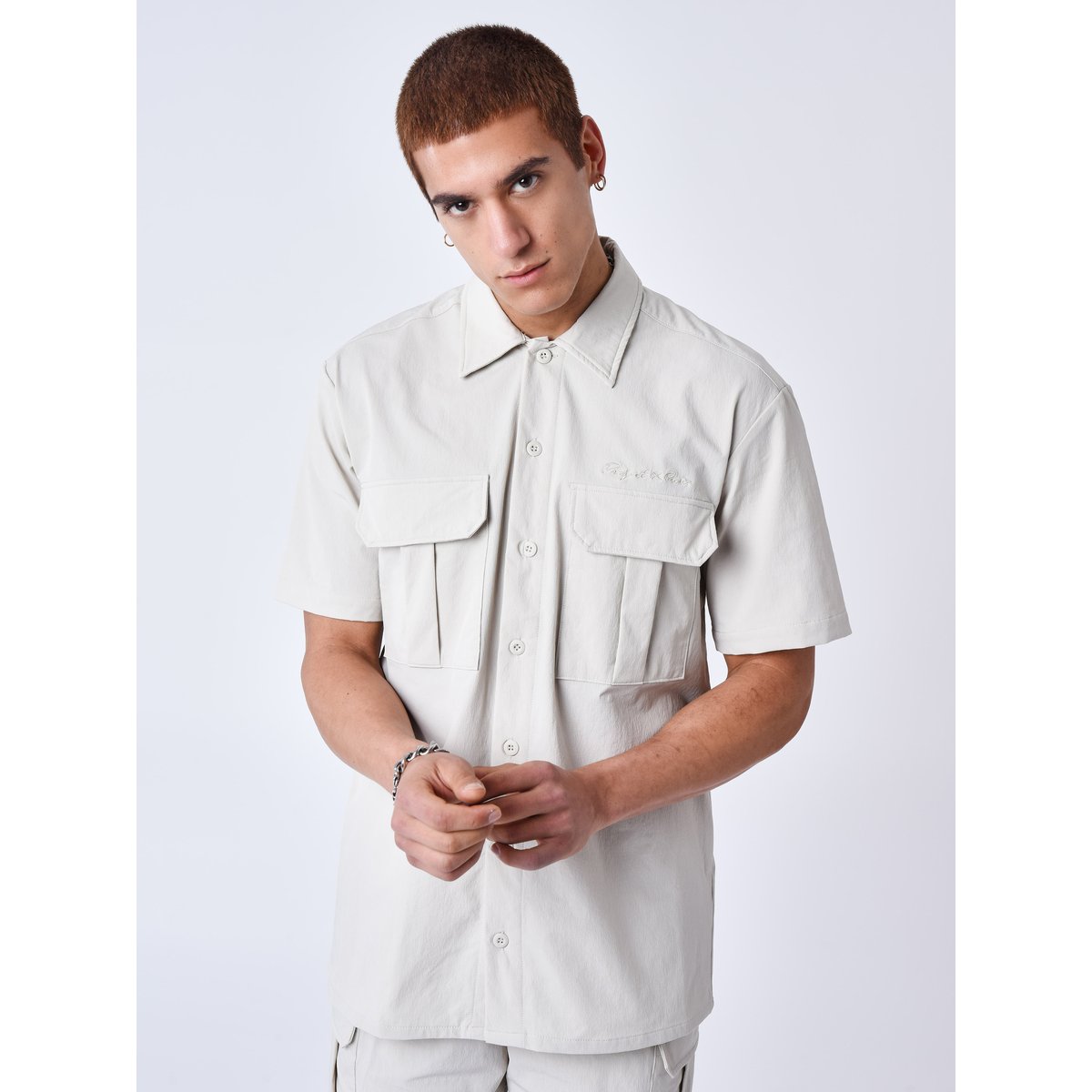 Chemise manches courtes uni texturé greige, PROJECT X