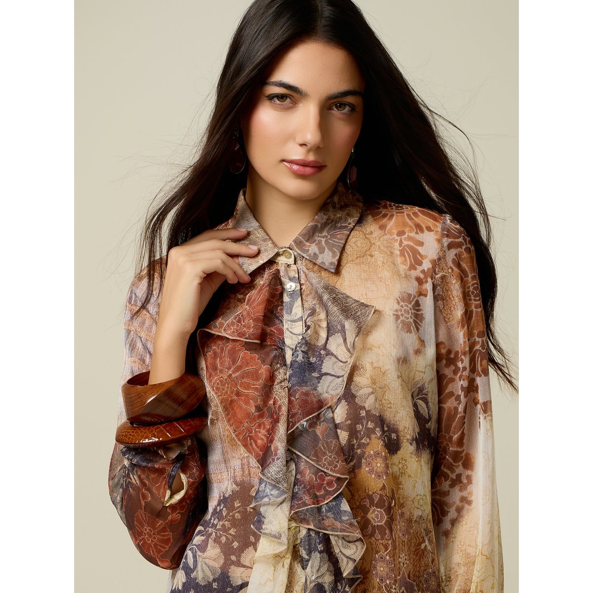 Blouse à imprimé floral avec volants marron, OLTRE