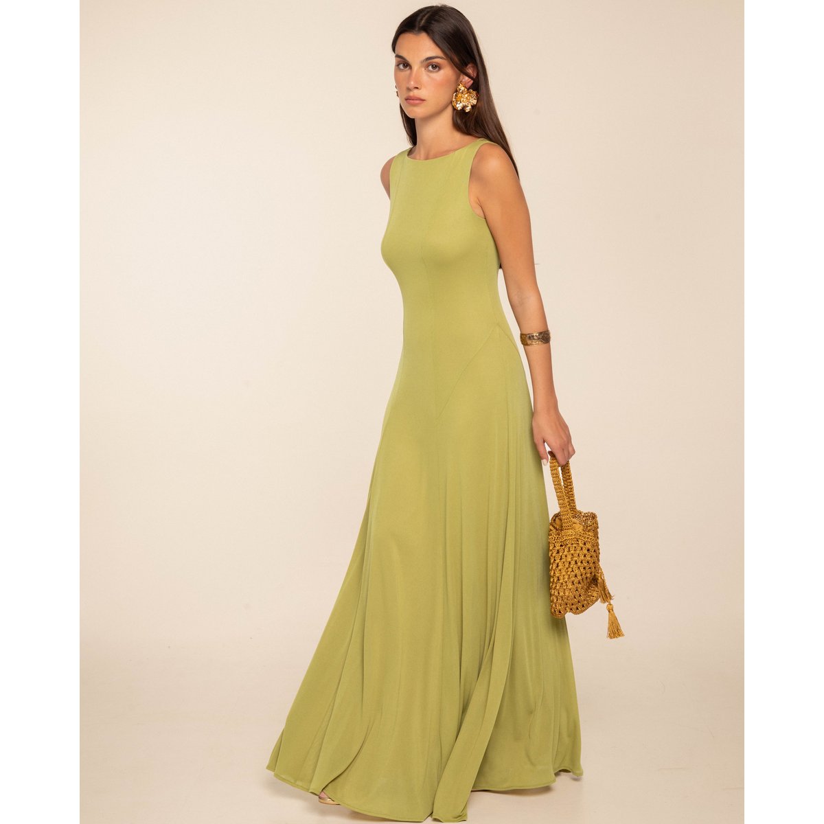 Robe longue en maille avec encolure bateau et ouverture ovale dans le dos vert, THE-ARE