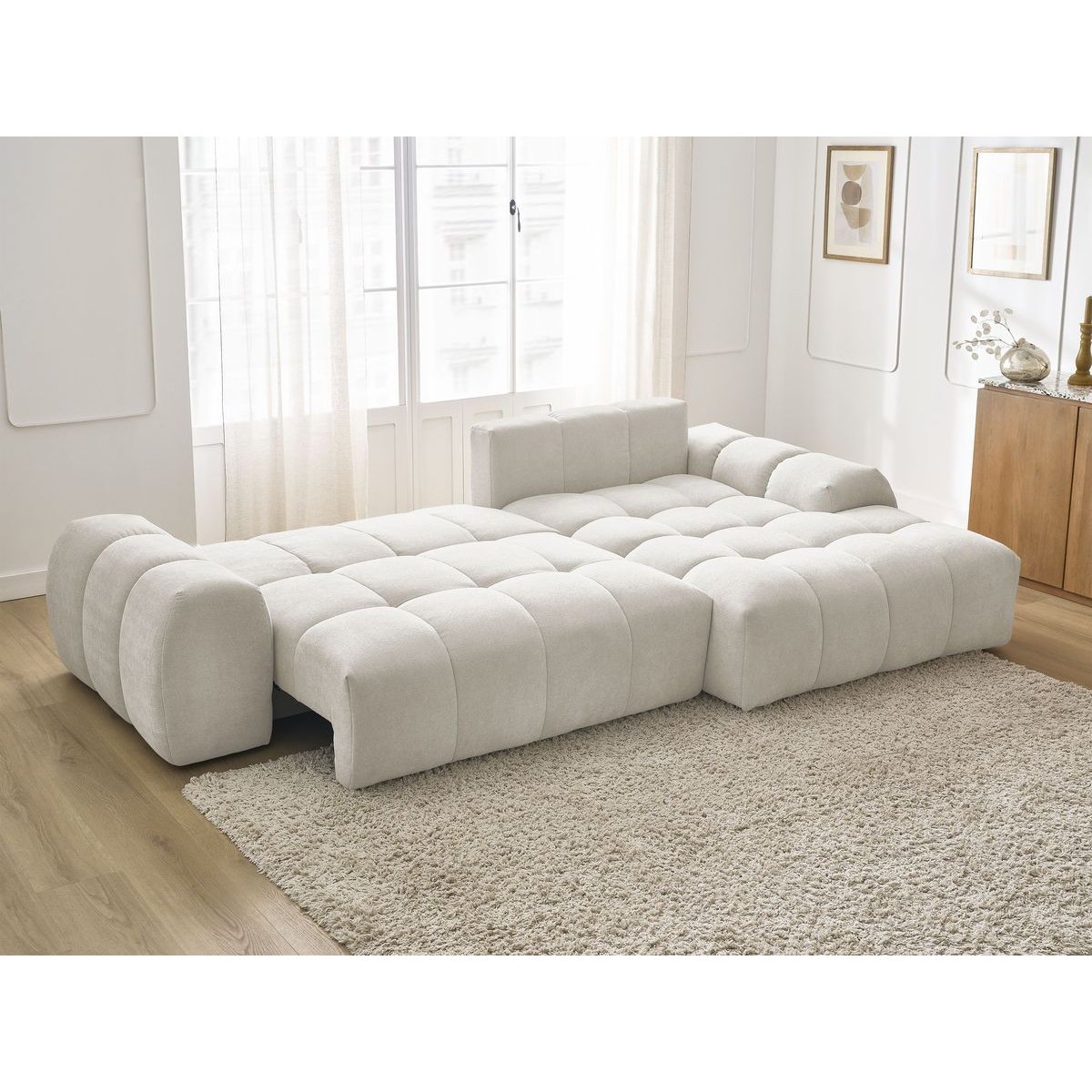 Canapé d'angle convertible 3 places en tissu texturé, EVEREST blanc, BOBOCHIC