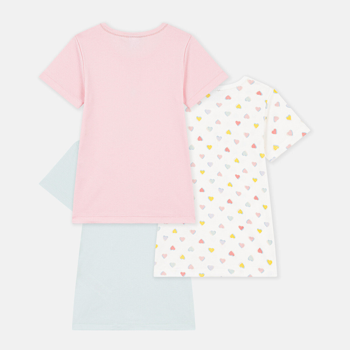 Lot de 3 maillots de corps, manches courtes, en coton blanc + rose + vert, PETIT BATEAU