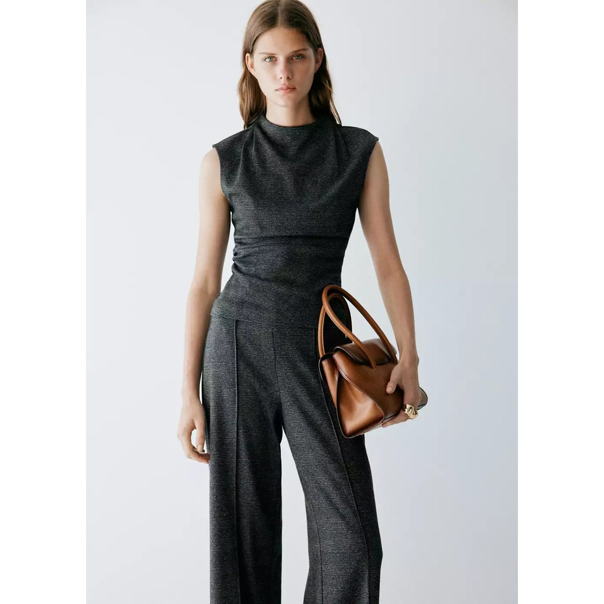 Pantalon droit à carreaux noir, MANGO