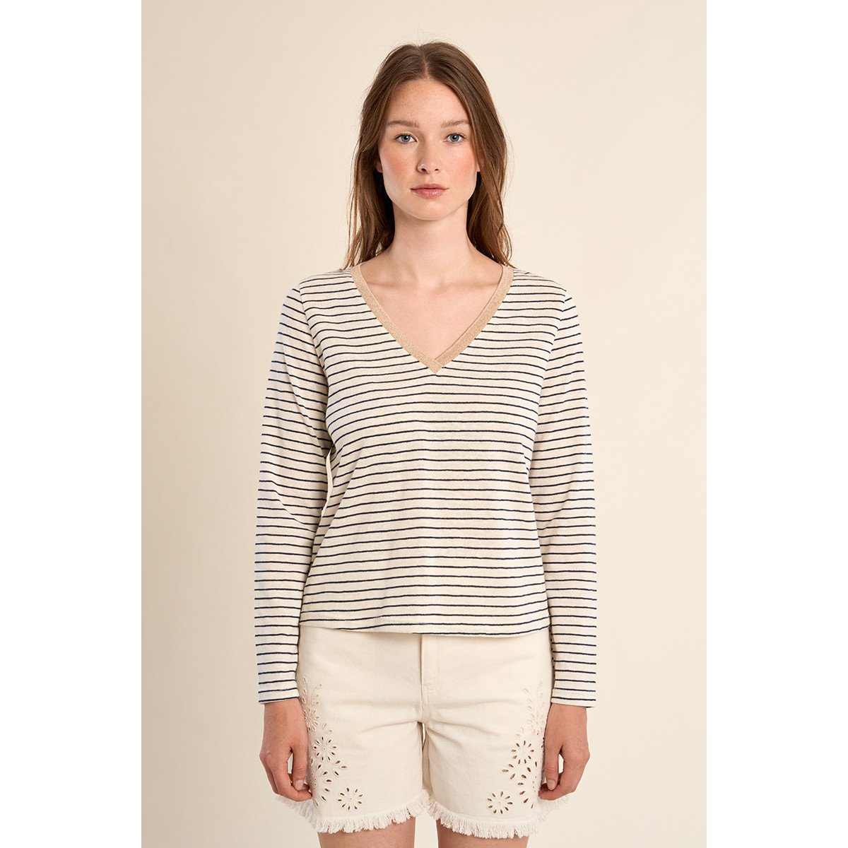 T-shirt marinière, col V offwhite/navy blue, MOLLY BRACKEN