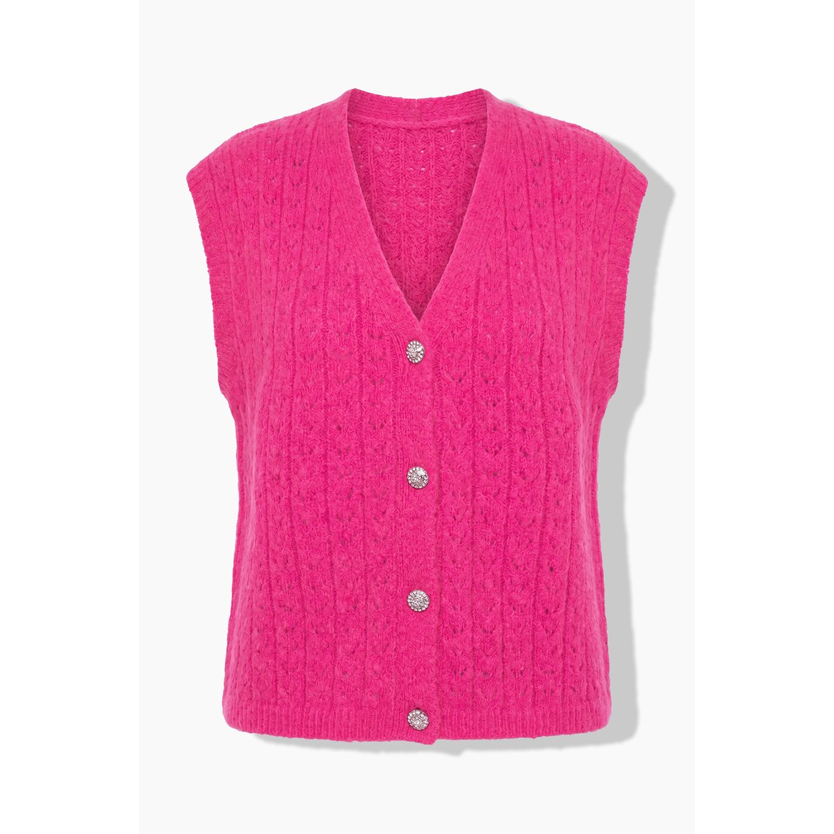 Gilet en maille ajourée, boutons fantaisie rose vif fuchsia, STUDIO UNTOLD