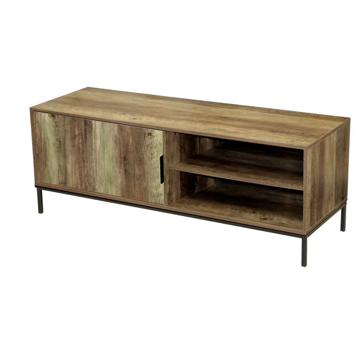 Meuble de Télévision Métal Noir et Bois 1 Placard + 2 Étagères bois, WADIGA