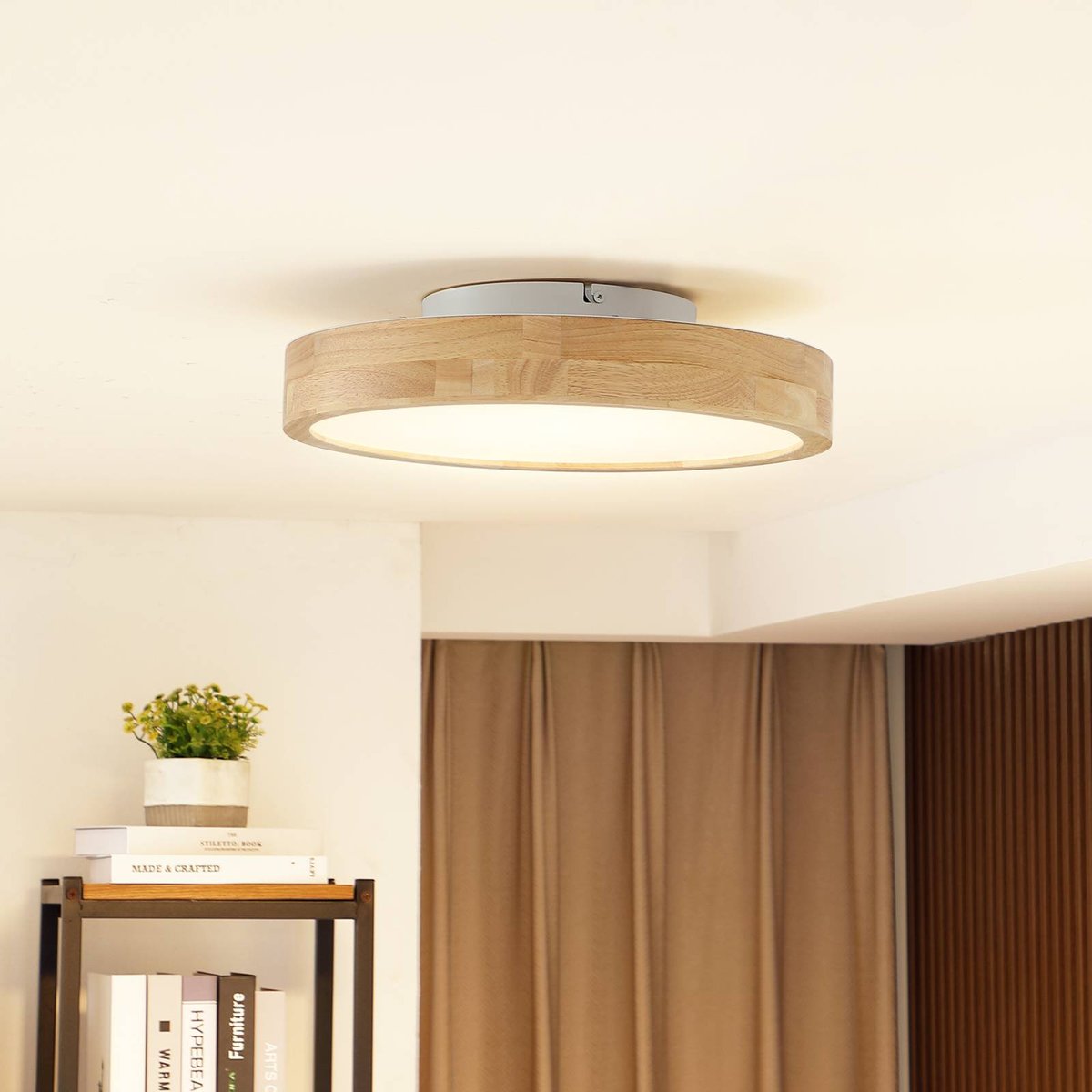 Plafonnier en bois moderneLED, Milada bois, blanc, LINDBY