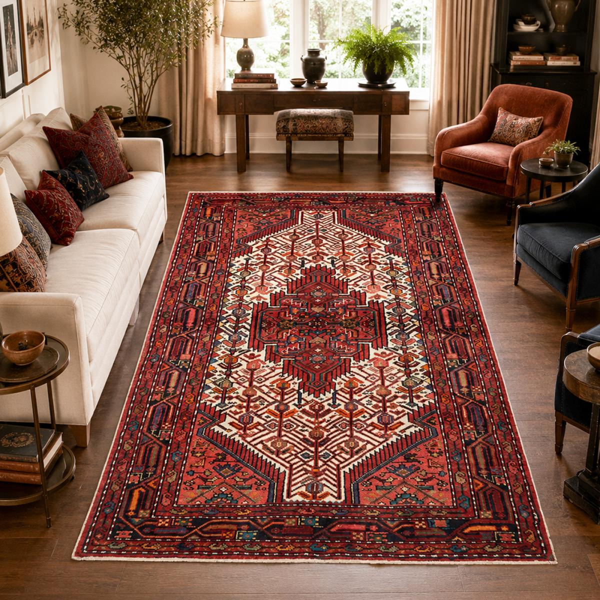 Tapis d'orient, 111 x 175 cm, rouge, bordeaux et crème, artisanal, HAMADAN 24 rouge, bordeaux, crème, UN AMOUR DE TAPIS