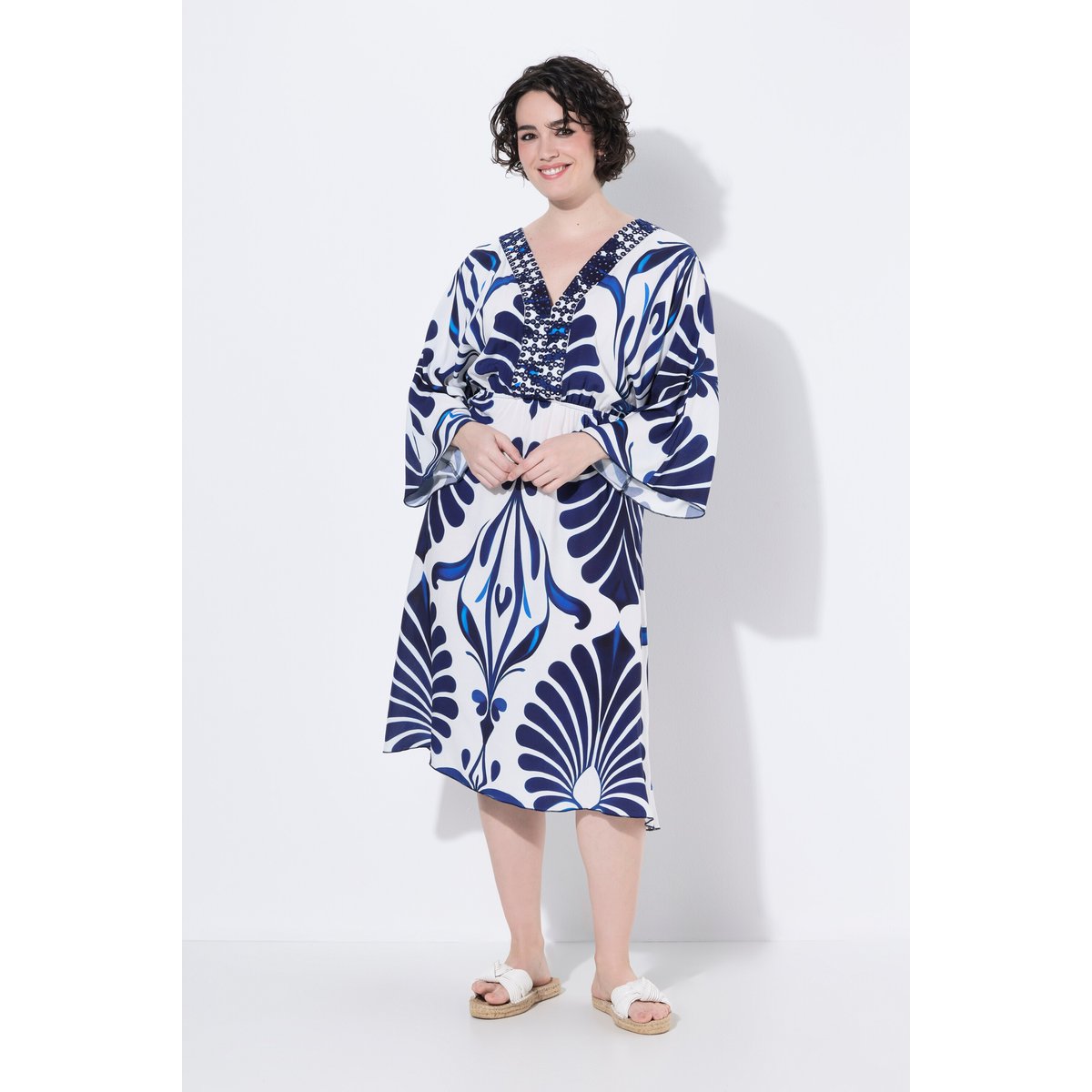 Robe décolleté en V et manches 3/4 blanc neige, ULLA POPKEN