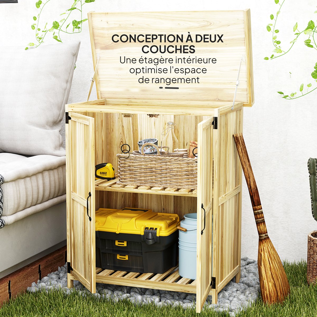 Coffre de rangement d'extérieur Bois de sapin beige, OUTSUNNY