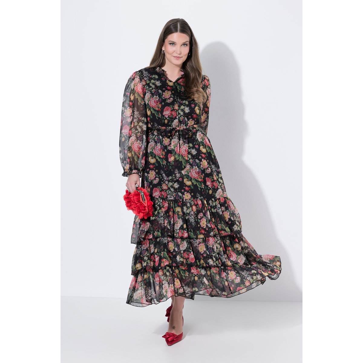 Robe longue à fleurs en mousseline noir, ULLA POPKEN