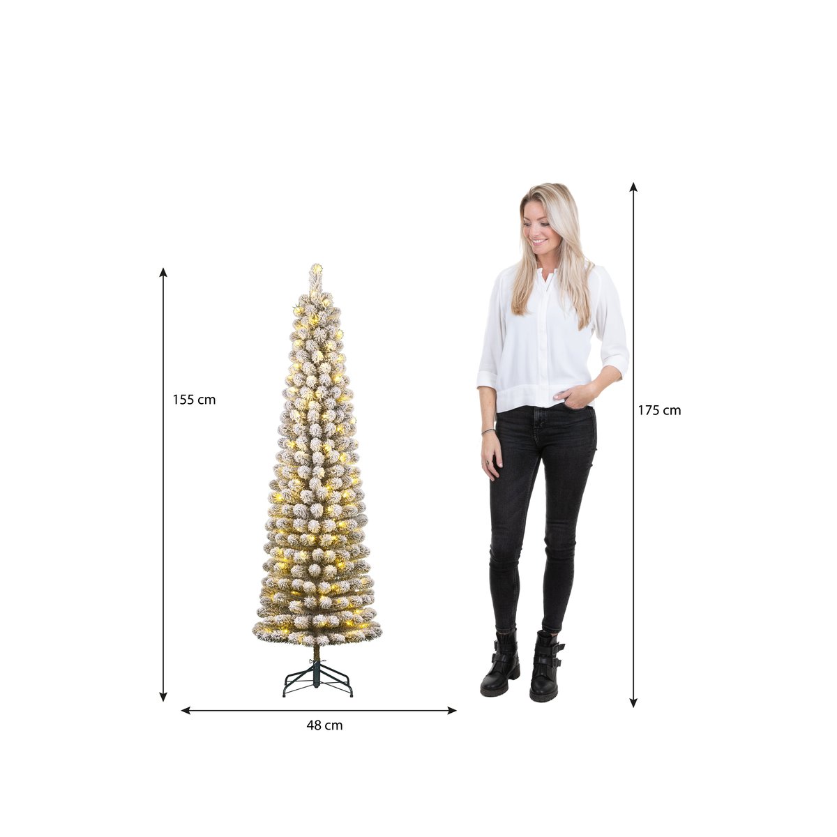Sapin de Noël artificiel étroit et enneigé avec LED H155 cm CHARLTON vert, BLACK BOX TREES