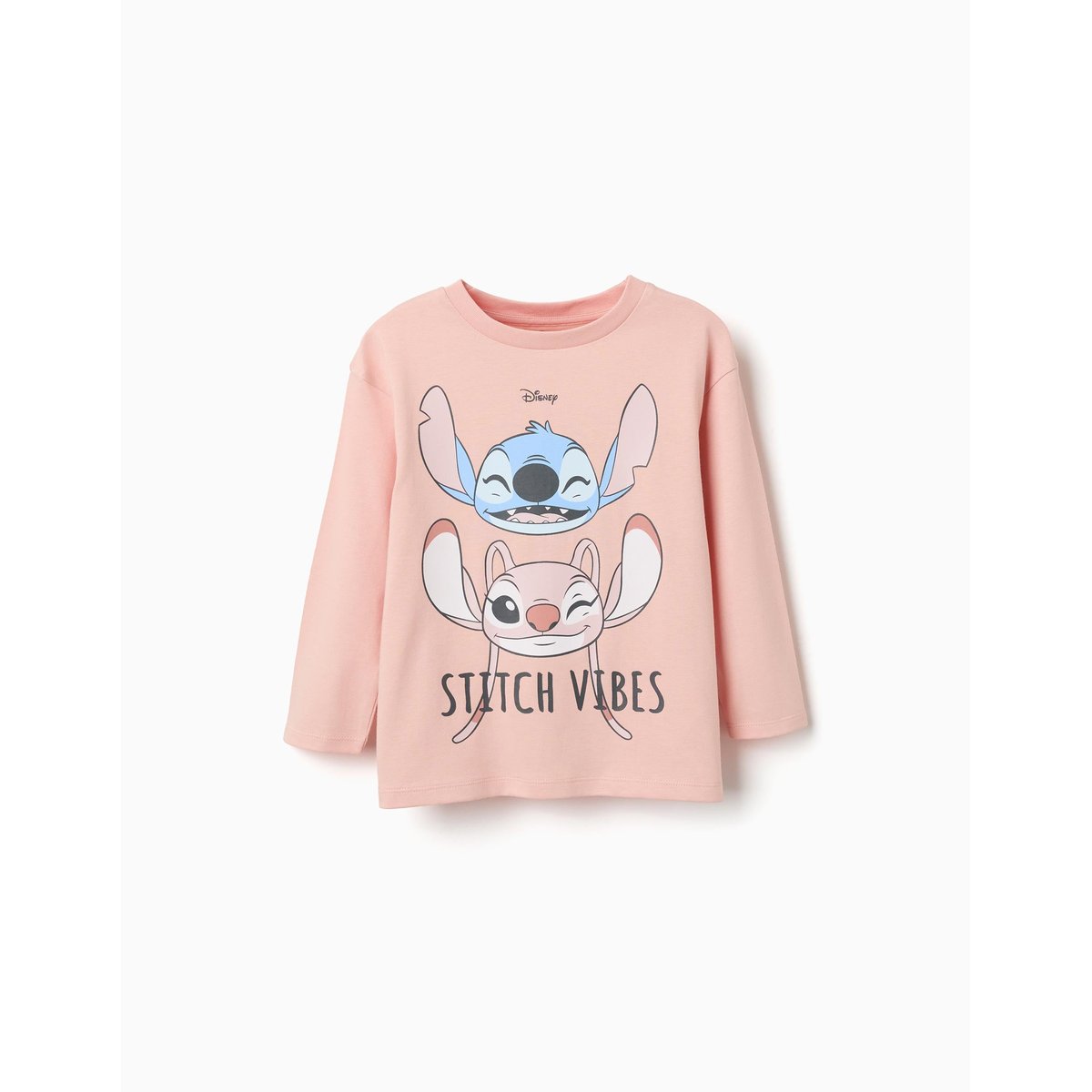 T-shirt en coton à manches longues avec imprimé Stitch Vibes rose clair, ZIPPY