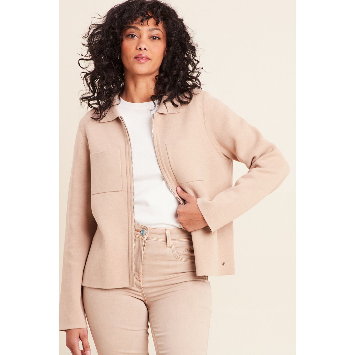 Gilet manches longues col chemise beige, BREAL