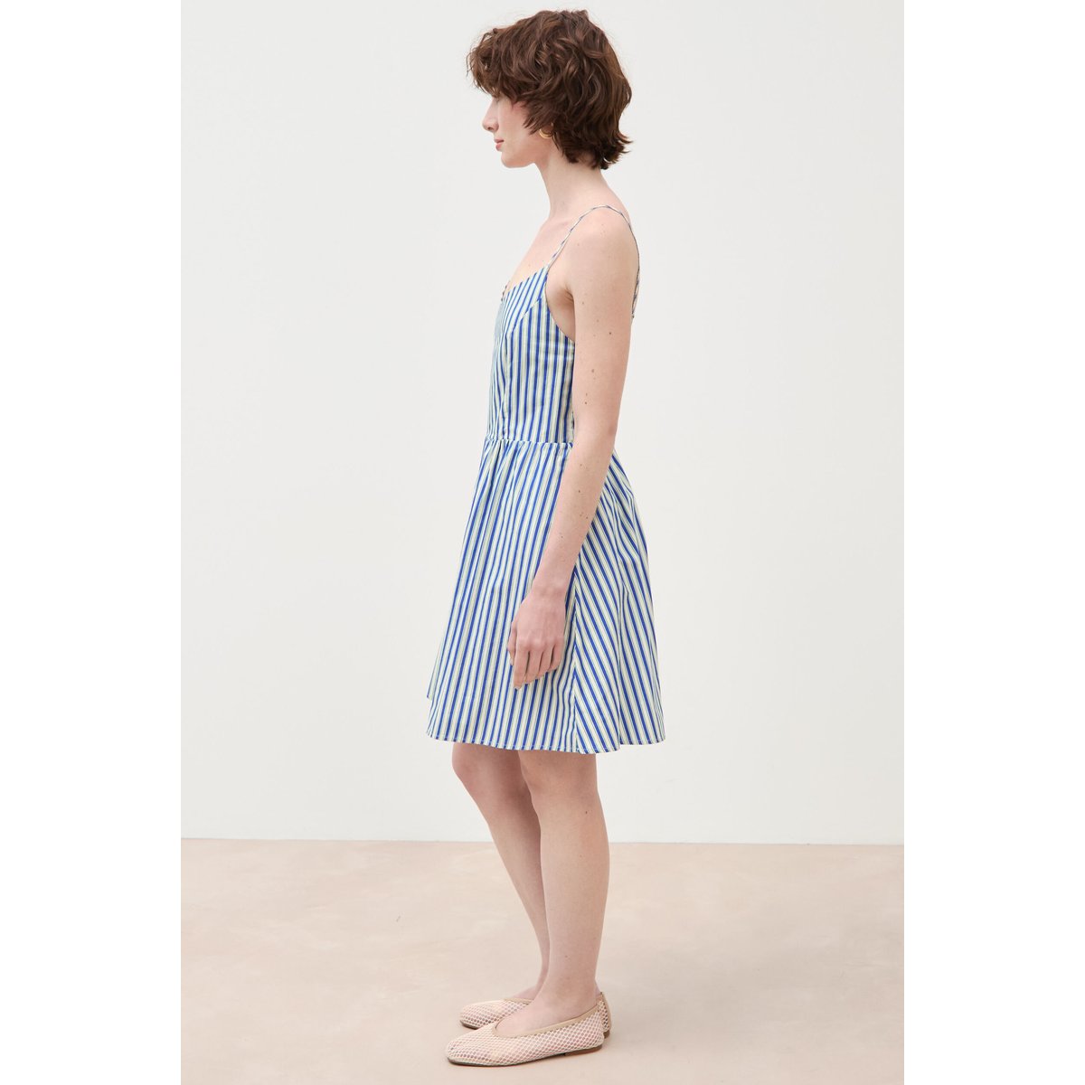 Robe bretelle col cœur en coton bleu clair, BONOBO