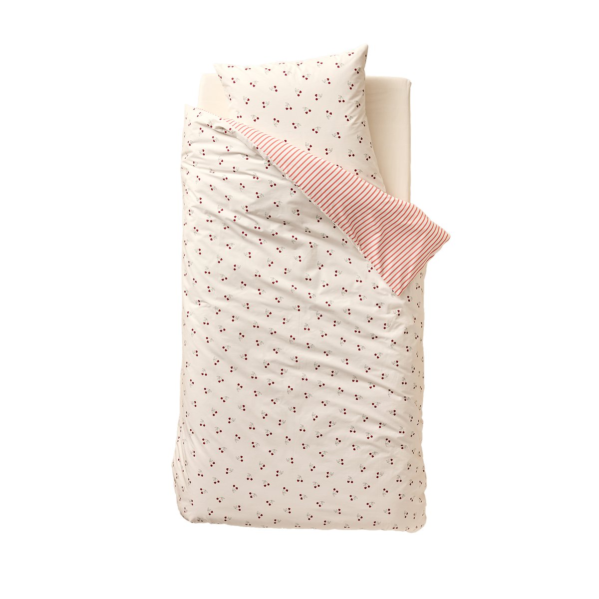 Parure housse de couette et taie d'oreiller CERISES RAYURES avec coton recyclé rayé rouge, VERTBAUDET