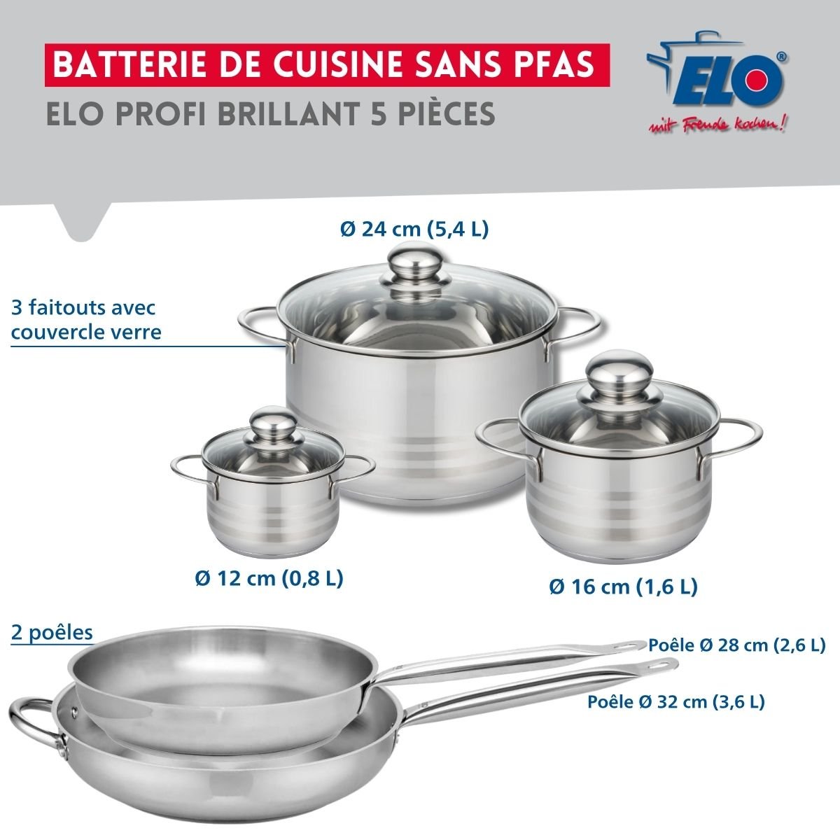 Batterie 2 poêles 28/32cm + 3 faitouts 12/16/24cm PROFI BRILLANT inox, ELO