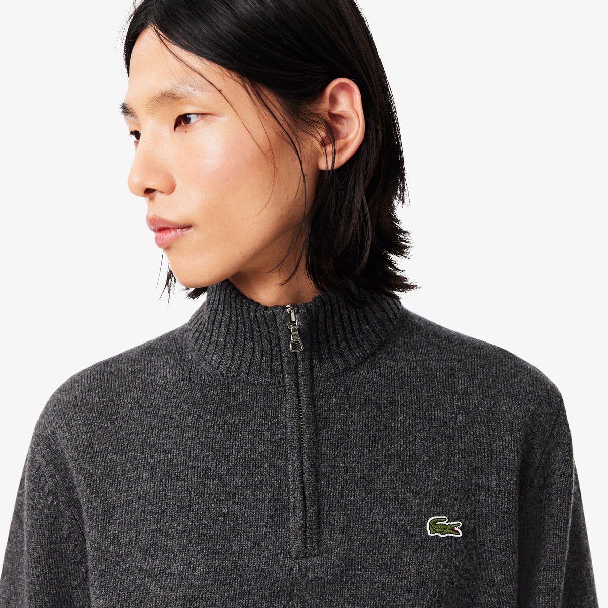 Pull zippé uni col montant laine gris-050, LACOSTE