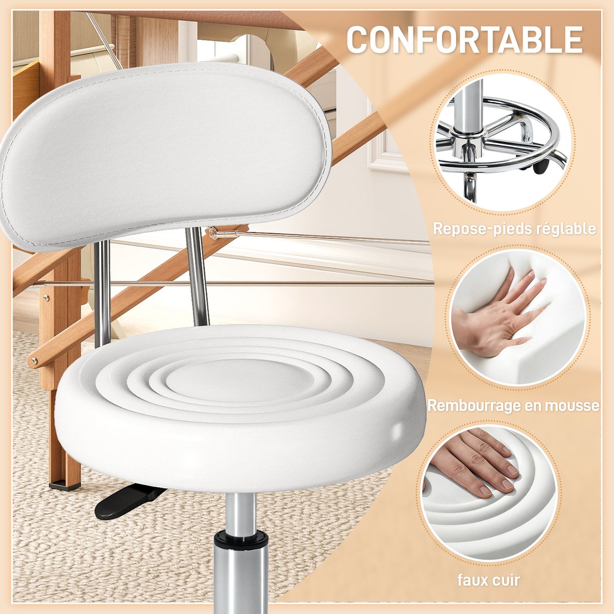 Tabouret de salon Acier Blanc blanc, HOMCOM
