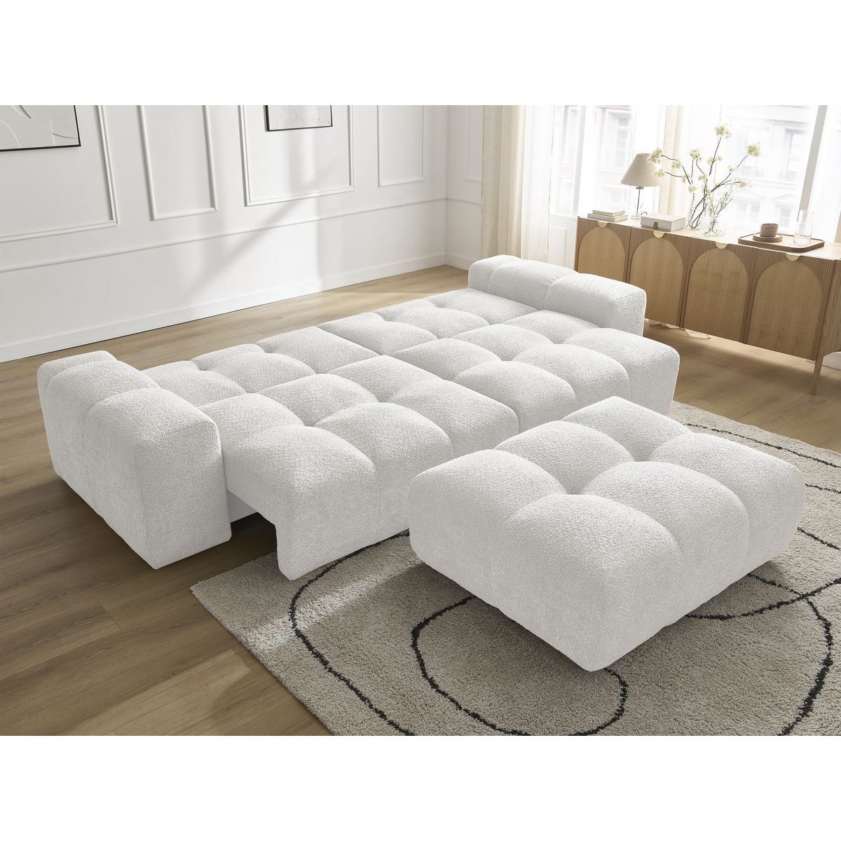 Canapé droit convertible 4 places en tissu bouclette avec pouf, ANAKIN blanc, BOBOCHIC