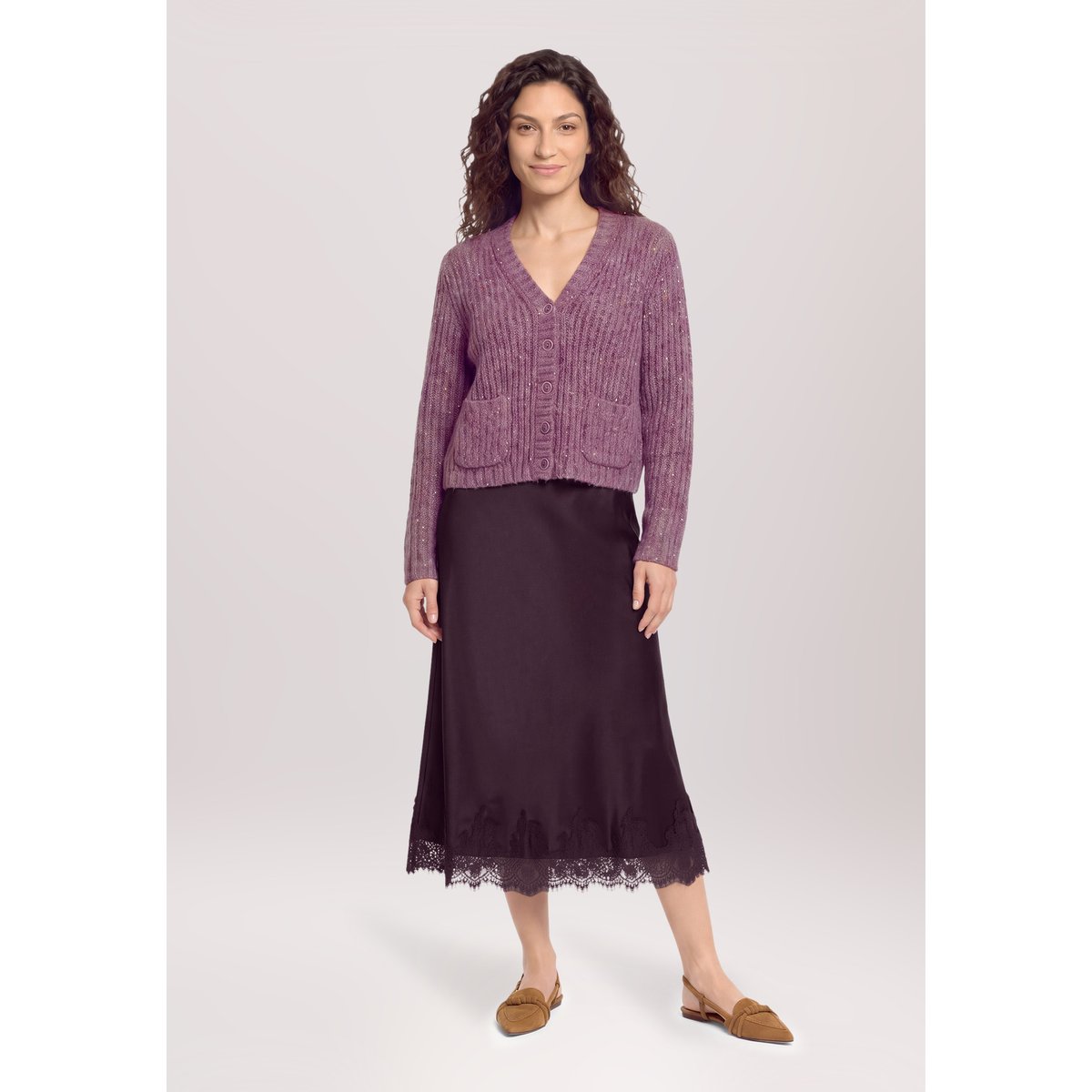 Cardigan en maille à encolure en v dark purple melange, CARTOON