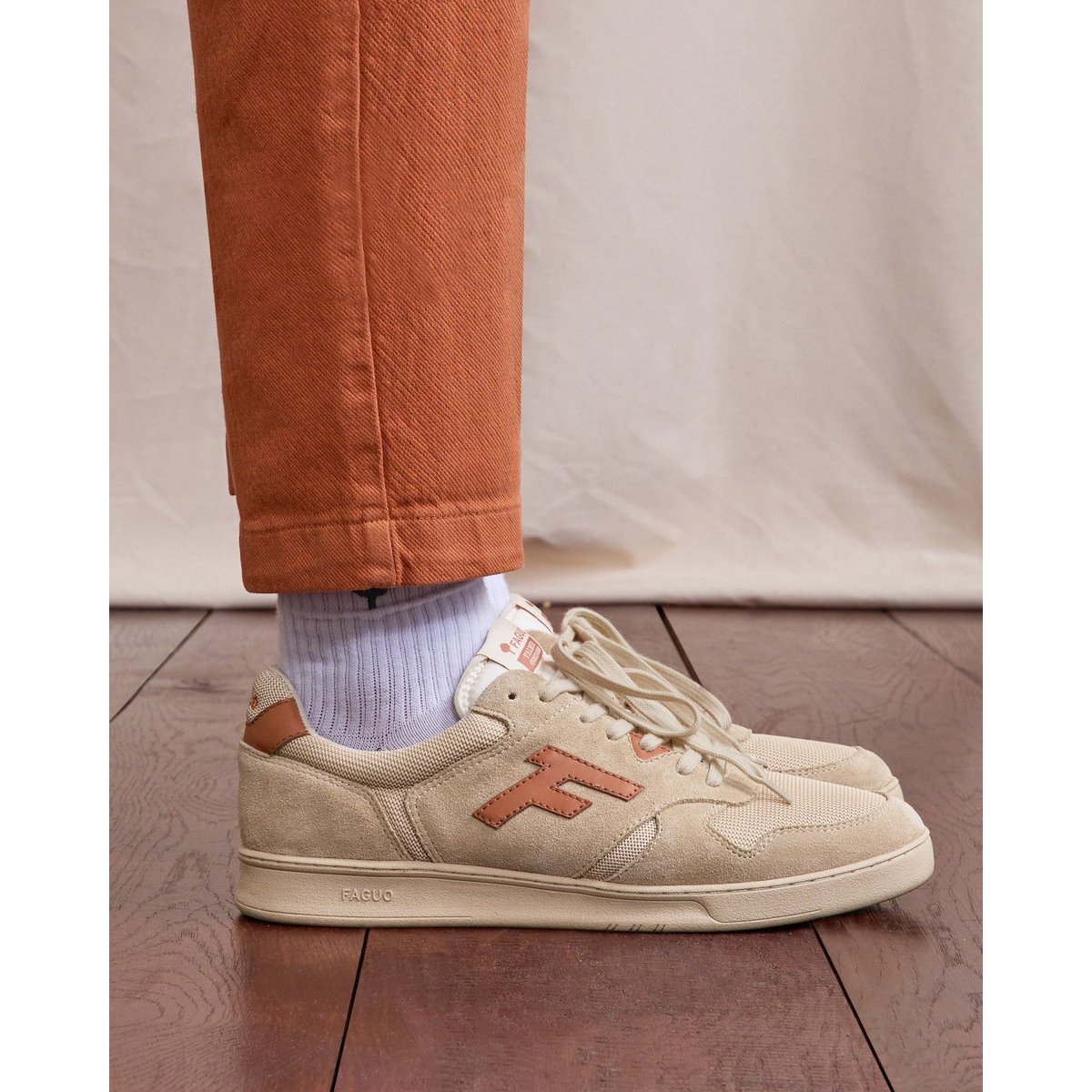 Baskets basses suede tissu PALMER beige et rouille, FAGUO