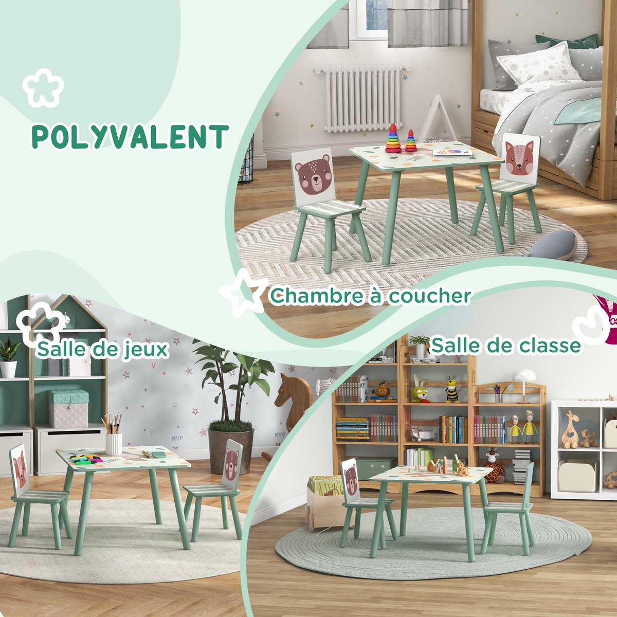 Ensemble table et chaises pour enfants Bois vert avec motifs animaux, ZONEKIZ